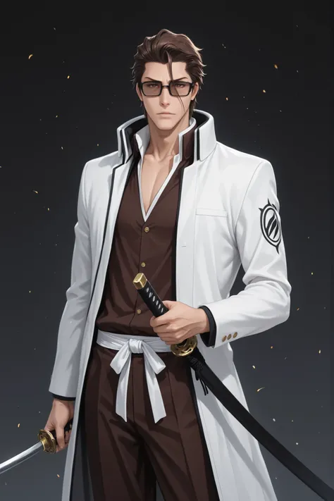 1boy, Sosuke Aizen, brown hair, brown eyes, glasses, sunglasses, short hair, hair between eyes, hair slicked back, standing, looking at viewer, katana, holding a katana