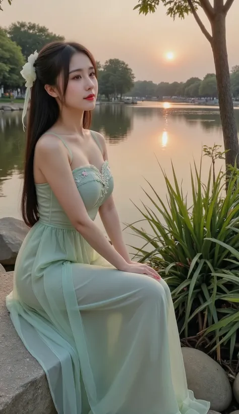 A peaceful lakeside landscape during golden hour, soft sunlight reflecting on calm water, large rocks near the shore, a beautiful Asian girl sitting gracefully on a rock, long straight black hair, wearing a flowing emerald green dress, looking at the lake ...