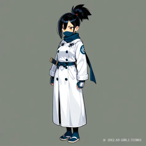 ninja girl in a white long coat, standing, full body portlait, black hair, simple gray background