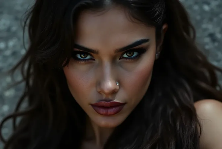 close up image of woman looking directly and intensely into the camera, her head slightly tilted down, intimidating, mischievous little smirk, piercing eyes, concrete background
