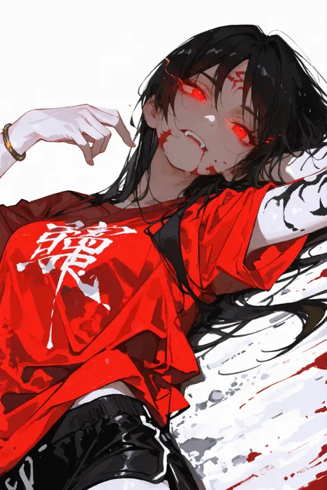  (  masterpiece), ( best quality), ( ultra-fine),(  cool tones ), (1 girl)，ink painting ， 三维ink painting  ，   Minimalist，   Minimalist图形艺术，  best quality，Portrait close-up， 1 Anime Female   ，  red t-shirt ，black sports shorts，（（No bangs on the forehead ）），...
