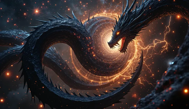 an oil painting of a majestic black dragon coiled around a collapsing star, inspired by John Harris, with dramatic highlights and interstellar dust clouds, neutral color temperature, expression of ancient wisdom, chiaroscuro lighting, epic and somber atmos...