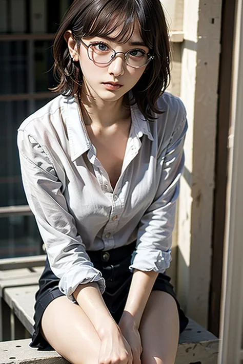 ((best quality、masterpiece、high sensitivity、high resolution、detailed depiction、depicting a delicate face、Ｆvalue：6.0),((Slender Woman、wearing glasses)),loose shirt、tight skirt、Sit down、