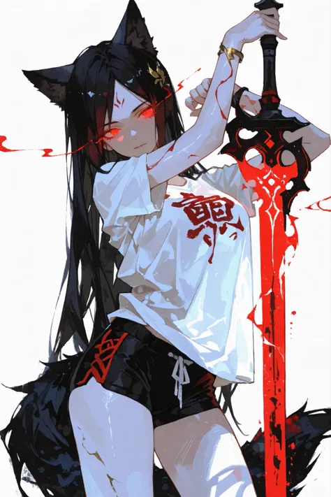  (  masterpiece), ( best quality), ( ultra-fine),(  cool tones ), (1 girl)，ink painting ， 三维ink painting  ，   Minimalist，   Minimalist图形艺术，  best quality，Portrait close-up， 1 Anime Female   ， White T-shirt，black sports shorts，（（No bangs on the forehead ）），...