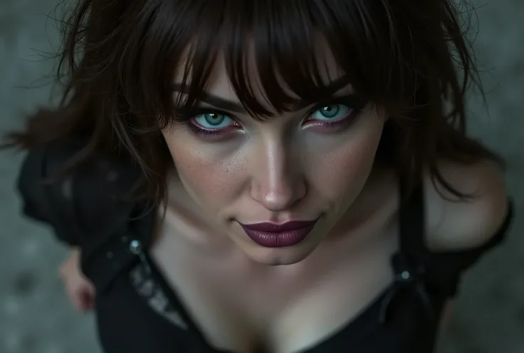 close up image of woman looking directly and intensely into the camera, her head slightly tilted down, intimidating, mischievous little smirk, piercing eyes, concrete background