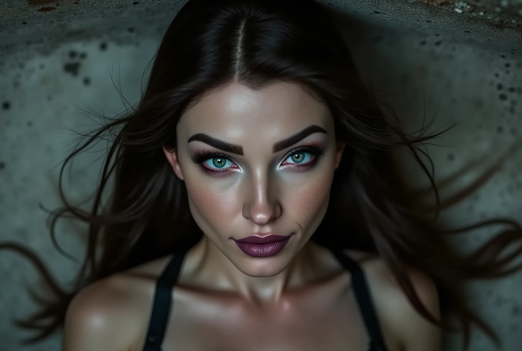 close up image of woman looking directly and intensely into the camera, her head slightly tilted down, intimidating, mischievous little smirk, piercing eyes, concrete background