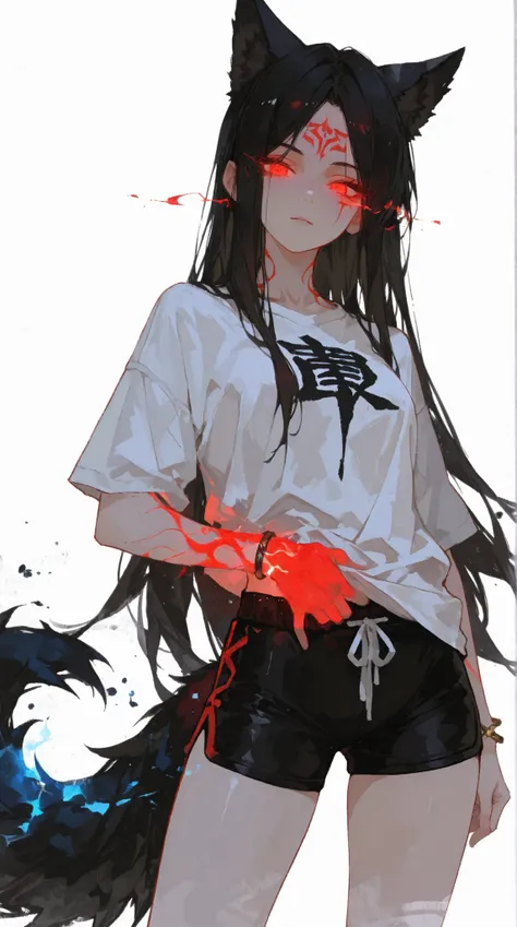  (  masterpiece), ( best quality), ( ultra-fine),(  cool tones ), (1 girl)，ink painting ， 三维ink painting  ，   Minimalist，   Minimalist图形艺术，  best quality，Portrait close-up， 1 Anime Female   ， White T-shirt，black sports shorts，（（No bangs on the forehead ）），...