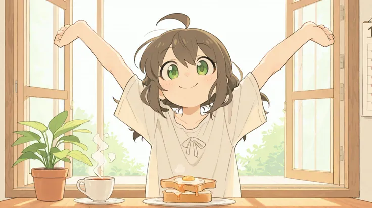 masterpiece, best quality, newest, absurdres, highres,
short dark brown hair, ahoge, shiny green eyes, 1girl, solo, cheerful and energetic expression, bright happy smile, stretching arms up with joy, basking in warm morning sunlight, standing near open win...