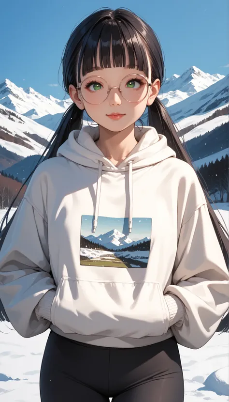 Score_9, score_8_up, score_7_up, score_6_up, source_anime, rating:general, 1girl, mature female, older, mature face, round face, cute face, black hair, extremely long twintails, blunt bangs, pale white skin, big eyes, stunning green eyes, colored contacts,...