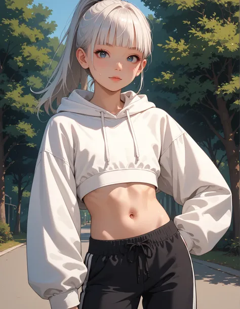 Score_9, score_8_up, score_7_up, score_6_up, source_anime, rating:general, 1girl, long white hair, ponytail, blunt bangs, dark blue eyes, perfect face, pale white skin, flat chest, cropped hoodie, high waisted sweatpants , slender build, slender legs, cute...