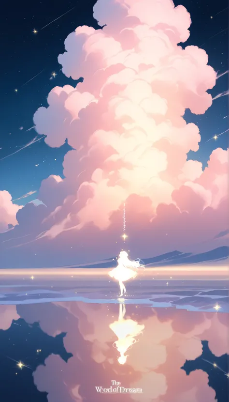 A dreamy, surreal fantasy world where two silhouettes embrace in the wind, surrounded by glowing stars and shimmering clouds. The background is in soft pastel tones, blending the sky and sea into an endless horizon. Magical lights and sparkling stardust pa...