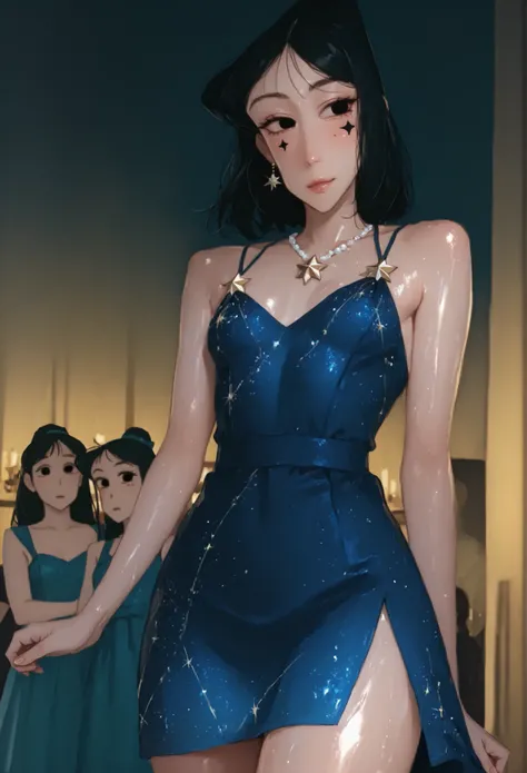 Ume matsuzaka      black hair     black eyes        (stars dress, shiny, stars on dress, blue dress, little, star on dress)         jewelry       makeup         elegant         slut       whore     hotel    love hotel        candles     shiny skin         ...