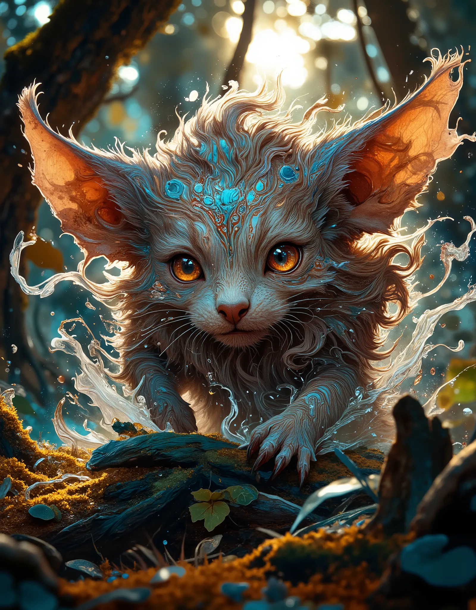 In the midst of movement, close-up, this creature is worth looking at, a fantastically mythical familiar, Its fur is soft, a cloud-like substance that seems to shimmer in the sun, each hair has its own shade of graphite brown, creating a mosaic of texture ...