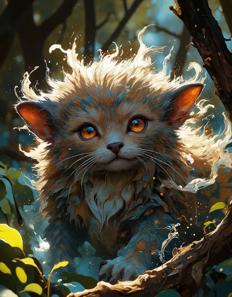 In the midst of movement, close-up, this creature is worth looking at, a fantastically mythical familiar, Its fur is soft, a cloud-like substance that seems to shimmer in the sun, each hair has its own shade of graphite brown, creating a mosaic of texture ...