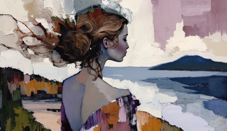 fashion illustration, illustration, fantasia surreal, Beautiful girl with long wavy hair walks using summer dress, in Rio de Janeiro, Redentor, color palette Button Black Chocolate, Army Green, Palm Leaf, Copper (Crayola), Dark Pastel Rede, morning, v...