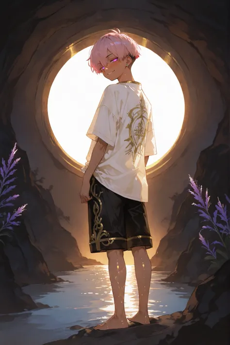2 tanned mixed-race black skinned young boys with freckles, glowing clear glossy wet shiny skin, short spiky lavender and salmon pink hair , black trimmed undercut taper sides and back behind hair, and sky blue neon eyes, wearing white GI baggy transpare...