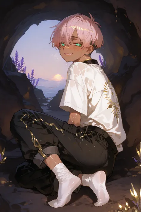 tanned mixed-race black skinned young boy with freckles, glowing clear glossy wet shiny skin, short spiky lavender and salmon pink hair , black trimmed undercut taper sides and back behind hair, and sky blue neon eyes, wearing white GI baggy transparent ...