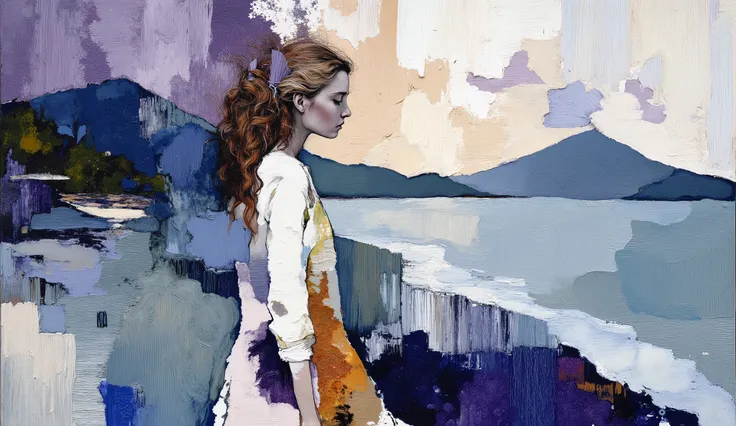fashion illustration, illustration, fantasia surreal, Beautiful girl with long wavy hair walks using summer dress, in Rio de Janeiro, Redentor, color palette Amaranth Purple, Cadet Blue (Crayola), Azureish White, Teal Blue, Morning Blue. morning, volu...