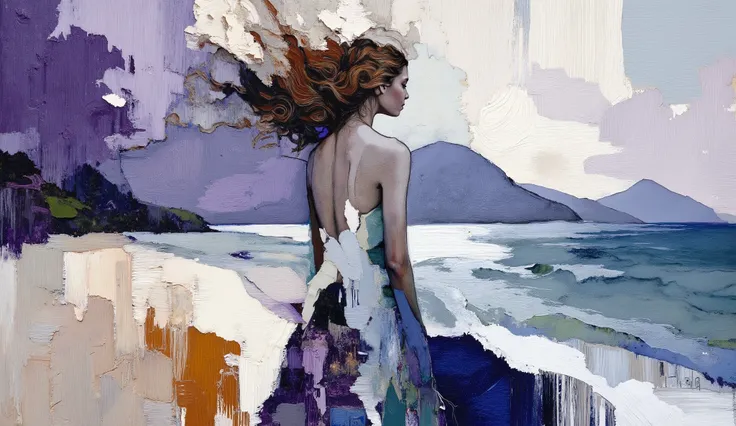 fashion illustration, illustration, fantasia surreal, Beautiful girl with long wavy hair walks using summer dress, in Rio de Janeiro, Redentor, color palette Amaranth Purple, Cadet Blue (Crayola), Azureish White, Teal Blue, Morning Blue. morning, volu...