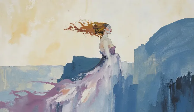 fashion illustration, illustration, fantasia surreal, Beautiful girl with long wavy hair walks using summer dress, in Rio de Janeiro, Redentor, color palette Amaranth Purple, Cadet Blue (Crayola), Azureish White, Teal Blue, Morning Blue. morning, volu...