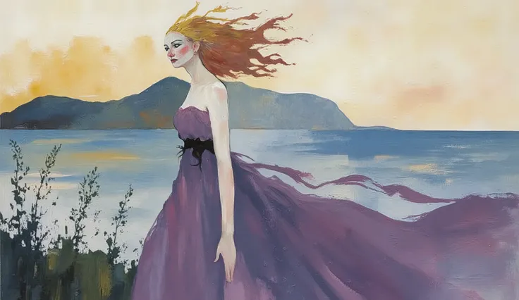 fashion illustration, illustration, fantasia surreal, Beautiful girl with long wavy hair walks using summer dress, in Rio de Janeiro, Redentor, color palette Amaranth Purple, Cadet Blue (Crayola), Azureish White, Teal Blue, Morning Blue. morning, volu...