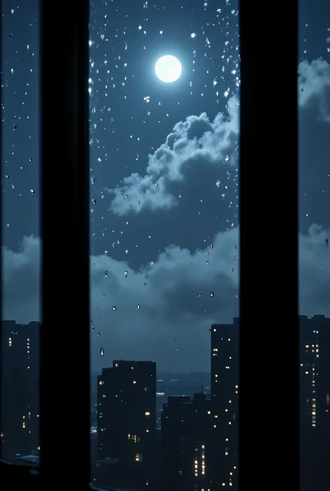 night,透过雨后Window with drops of water看向窗外的风景,Window with drops of water,A bright moon,Window with drops of water,White Cloud,A complex of buildings with slightly flashing lights,Window with drops of water