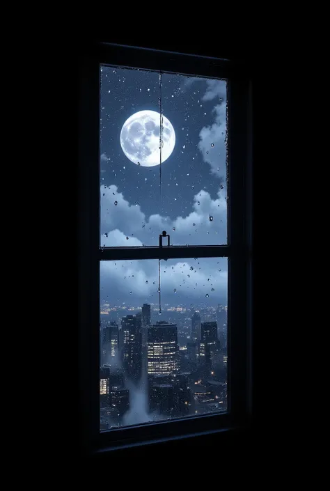 night,透过雨后Window with drops of water看向窗外的风景,Window with drops of water,A bright moon,Window with drops of water,White Cloud,A complex of buildings with slightly flashing lights,Window with drops of water