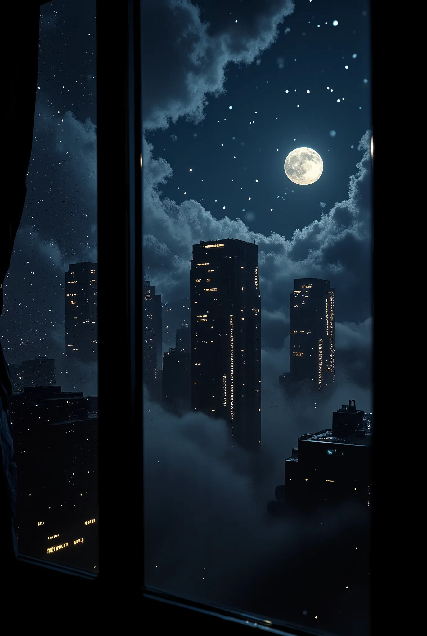 night,透过雨后Window with drops of water看向窗外的风景,Window with drops of water,A bright moon,Window with drops of water,White Cloud,A complex of buildings with slightly flashing lights,Window with drops of water