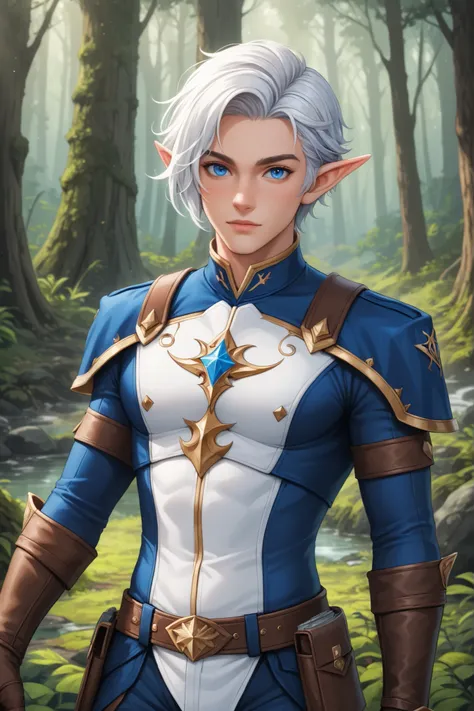 1man, adult, elf, white short-medium wild hair, blue eyes, ranger, RPG fantasy, at the forest, best quality, masterpiece