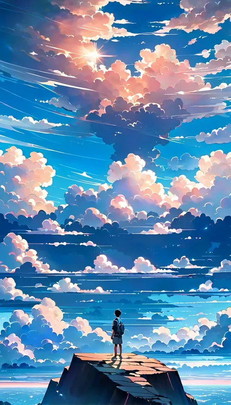 Fraction_9, Fraction_8_above, There is a sea of clouds realist !!!!!。，Crystal Cloud  !!!!!!!!!!!!!!!!!cloudy， Textured crystalline clouds anime-style a painting of a boy with arms outstretched!!!!!    on the edge of an abyss !!!  watching a vast sky ,  Stu...