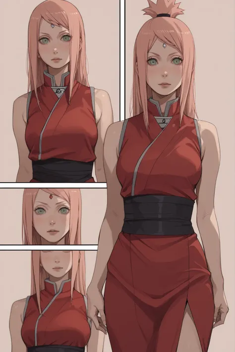 1 girl, Sakura Haruno, pink hair, partered bangs, long hair, green eyes, forehead jewel, blush lines, pale skin, voluptuous, medium breasts, red dress, black sash, simple background, Naruto Shippuuden, hentai comic, frames, multiple views