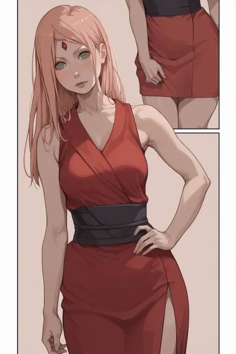 1 girl, Sakura Haruno, pink hair, partered bangs, long hair, green eyes, forehead jewel, blush lines, pale skin, voluptuous, medium breasts, red dress, black sash, simple background, Naruto Shippuuden, hentai comic, frames, multiple views