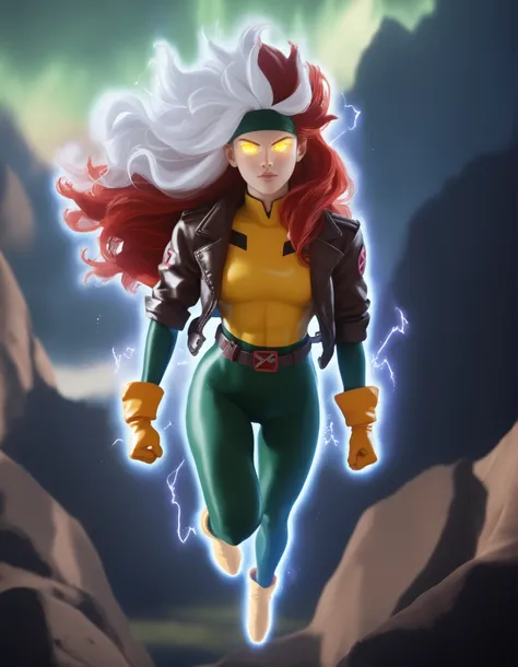 score_9, score_8_up, score_7_up, source_anime, 1girl, solo, DEFrogue, long hair, dyed bangs, headband, bodysuit, jacket, yellow gloves, belt, cr4ckl3, electricity, glowing eyes, whiteglow, outdoors, floating, full body, aura energy, UltraInstInctAura, aura...