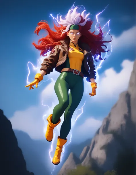 score_9, score_8_up, score_7_up, source_anime, 1girl, solo, DEFrogue, long hair, dyed bangs, headband, bodysuit, jacket, yellow gloves, belt, cr4ckl3, electricity, glowing eyes, whiteglow, outdoors, floating, full body, aura energy, UltraInstInctAura, aura...
