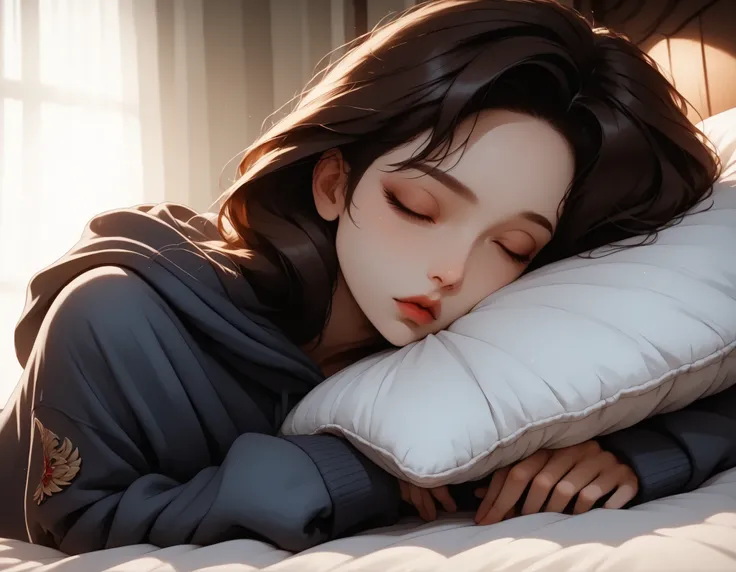 (masterpiece:1.2), (best quality:1.2), ultra detailed, 8k, watercolor, cinematic lighting, volumetric_lighting, rim light, soft shadows, ((forced_perspective)), (Diminishing scale perspective:1.3), soft-lit bedroom in pale morning haze, muted navy and ivor...