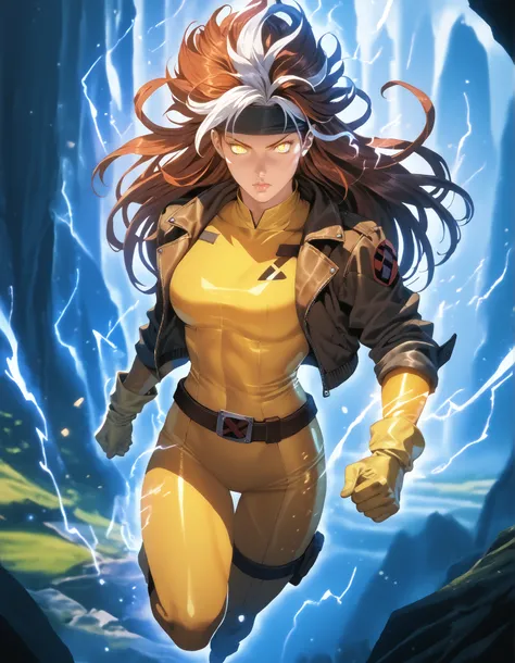 score_9, score_8_up, score_7_up, source_anime, 1girl, solo, DEFrogue, long hair, dyed bangs, headband, bodysuit, jacket, yellow gloves, belt, cr4ckl3, electricity, glowing eyes, whiteglow, outdoors, floating, full body, aura energy, UltraInstInctAura, aura...