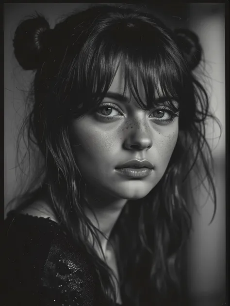 Sexy country gothic girl noir, (darkly surreal and gritty innocence++”), presenting a steamy black and white reportage style documentary photograph of the beautiful bohemian Russian country princess Bella Vonâge. This is her breathtaking pure au natural go...