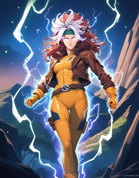 score_9, score_8_up, score_7_up, source_anime, 1girl, solo, DEFrogue, long hair, dyed bangs, headband, bodysuit, jacket, yellow gloves, belt, cr4ckl3, electricity, glowing eyes, whiteglow, outdoors, floating, full body, aura energy, UltraInstInctAura, aura...