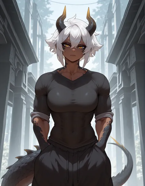 masterpiece, best quality, amazing quality, very aesthetic, absurdres, newest, scenery, extreme detail, 8k, detailed eyes, yellow eyes, by Riolutiny, female, scalie arms and neck, solo, tall, horns, extremely detailed scales, short spiky white hair, short ...