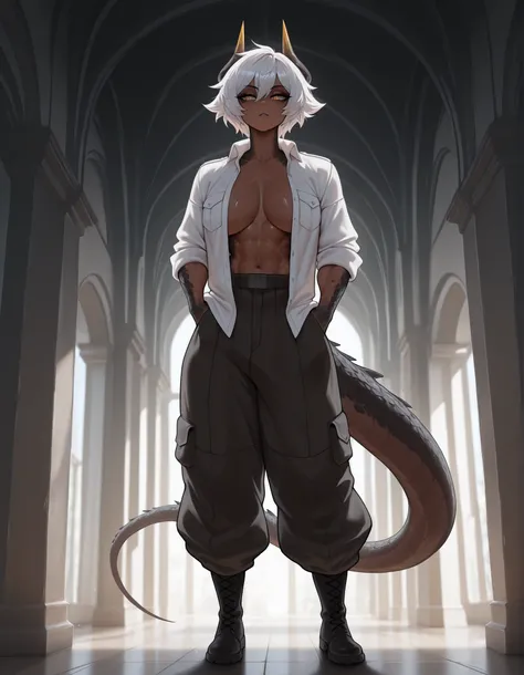 masterpiece, best quality, amazing quality, very aesthetic, absurdres, newest, scenery, extreme detail, 8k, detailed eyes, yellow eyes, by Riolutiny, female, scalie arms and neck, solo, tall, horns, extremely detailed scales, short spiky white hair, short ...