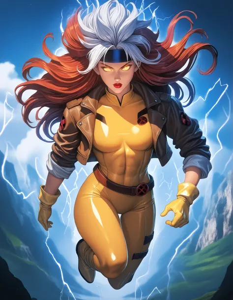 score_9, score_8_up, score_7_up, source_anime, 1girl, solo, DEFrogue, long hair, red lips, lipstick, dyed bangs, headband, bodysuit, jacket, yellow gloves, belt, cr4ckl3, electricity, glowing eyes, whiteglow, outdoors, floating, full body, aura energy, Ult...