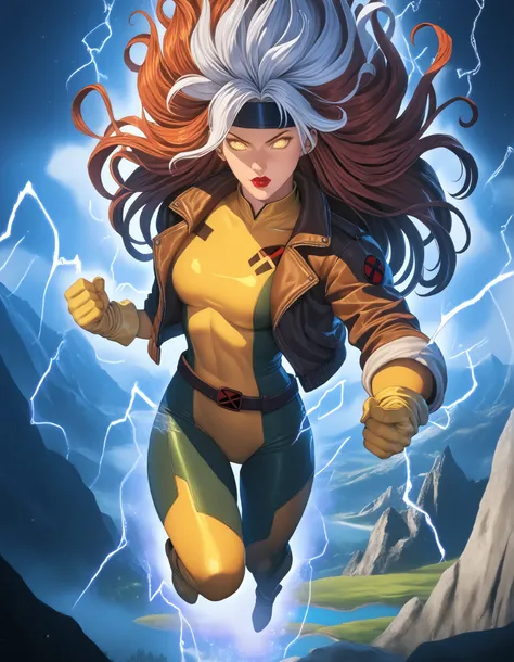 score_9, score_8_up, score_7_up, source_anime, 1girl, solo, DEFrogue, long hair, red lips, lipstick, dyed bangs, headband, bodysuit, jacket, yellow gloves, belt, cr4ckl3, electricity, glowing eyes, whiteglow, outdoors, floating, full body, aura energy, Ult...