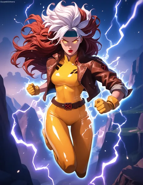 score_9, score_8_up, score_7_up, source_anime, 1girl, solo, DEFrogue, long hair, red lips, lipstick, dyed bangs, headband, bodysuit, jacket, yellow gloves, belt, cr4ckl3, electricity, glowing eyes, whiteglow, outdoors, floating, full body, aura energy, Ult...