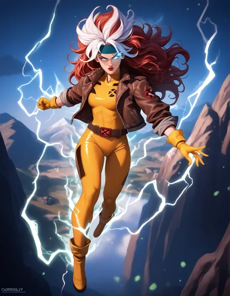 score_9, score_8_up, score_7_up, source_anime, 1girl, solo, DEFrogue, long hair, red lips, lipstick, dyed bangs, headband, bodysuit, jacket, yellow gloves, belt, cr4ckl3, electricity, glowing eyes, whiteglow, outdoors, floating, full body, aura energy, Ult...
