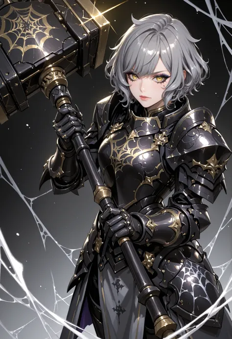 A woman in light armor. Grey hair. Short bob hair. Wavy hair. Spiky hair accessory. Yellow eyes. Spider web eyeshadow. Black armor. Spiky. Scorpion motif armor. Holding a weapon. Large hammer. Weapon hammer. Sharp claws. Armored arms. Asymmetrical hands. C...