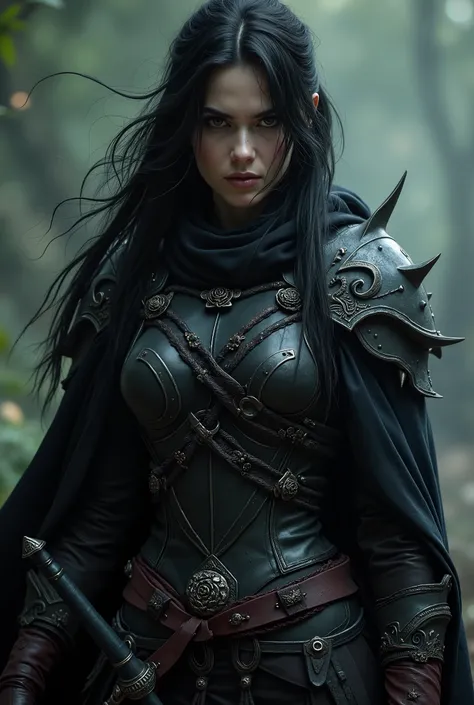 Lory, in battle gear, is a vision as imposing as it is mesmerizing — a shadow warrior shrouded in mystery and lethality. Her black hair continues to fall in wild waves over the shoulders, partially attached by a black silver fastener carved with forgotten ...