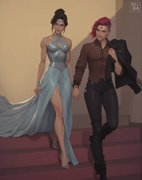 2girls, lesbian couple, intimate moment, sensuous couple, voluptuous hot wonder woman wearing a sexy light blue dress is holding  vi's right hand who is wearing a brown shirt, black pant and holding a black casual jacket with her left hand, wonder woman ha...