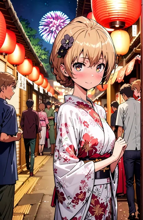 Aisaka Taiga, brown hair, brown eyes in the bedroom,side lock,Nape,flower hair ornament with ears,Black flower pattern kimono,smile,blush,mouth,standing,Light up fireworks,Red Lantern,Japanese stalls ,night,crowd,Beautiful Scenery,full bodyがイラストに入るように,in t...