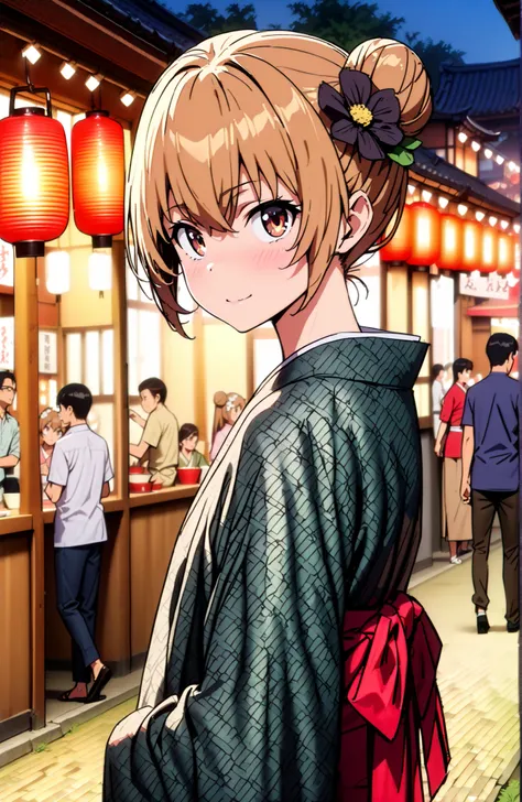 Aisaka Taiga, brown hair, brown eyes in the bedroom,side lock,single bun hair,Nape,flower hair ornament with ears,Black flower pattern kimono,smile,blush,mouth,standing,Light up fireworks,Red Lantern,Japanese stalls ,night,crowd,Beautiful Scenery,full body...