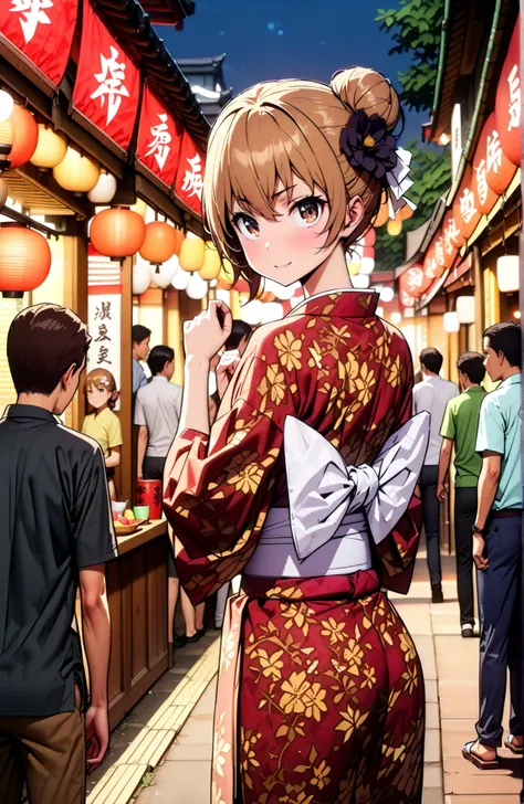Aisaka Taiga, brown hair, brown eyes in the bedroom,side lock,single bun hair,Nape,flower hair ornament with ears,Black flower pattern kimono,smile,blush,mouth,standing,Light up fireworks,Red Lantern,Japanese stalls ,night,crowd,Beautiful Scenery,full body...